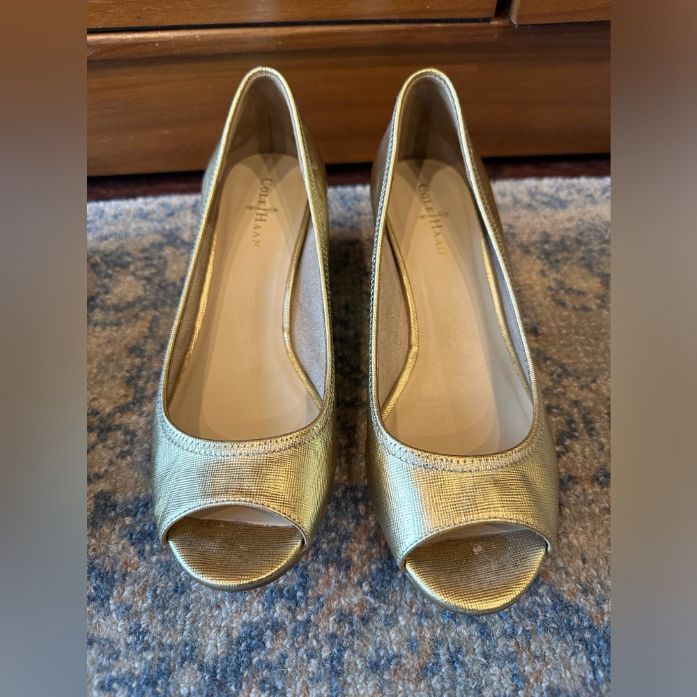 Cole Haan gold open-toe wedge
